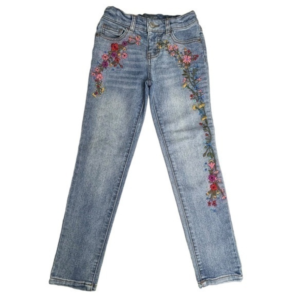 Cherokee Girls Jeans Sz 6X Light Blue Denim Wash Super Skinny Floral Embroidered
